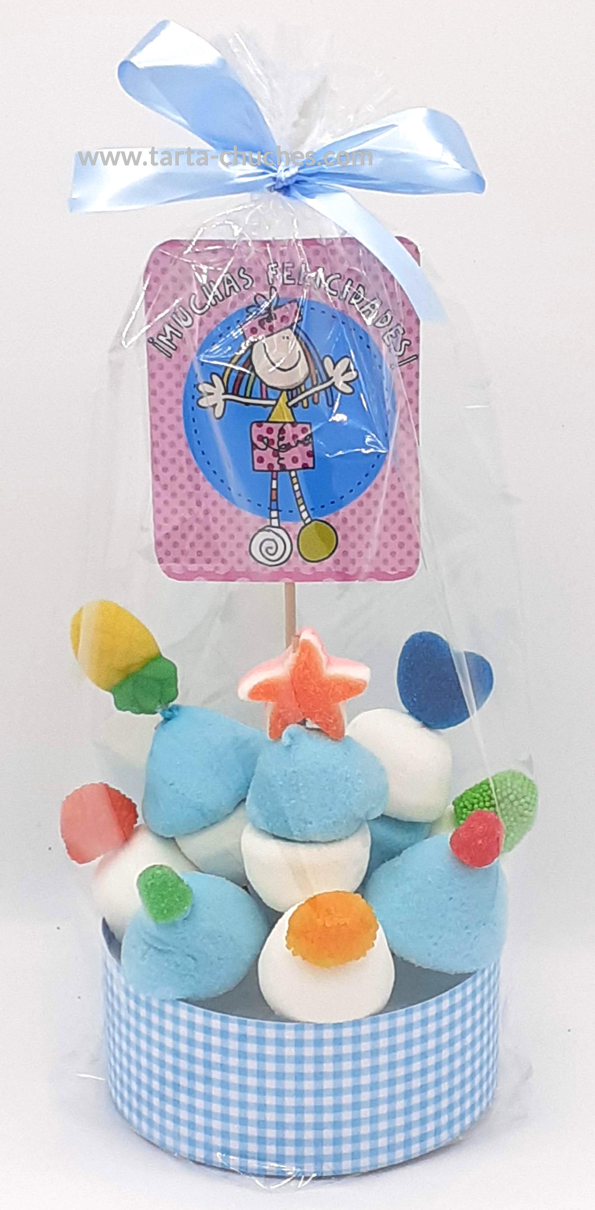 TARTA CHUCHES MINI ALTA AZUL CLARO &quot;MUCHAS FELICIDADES&quot;