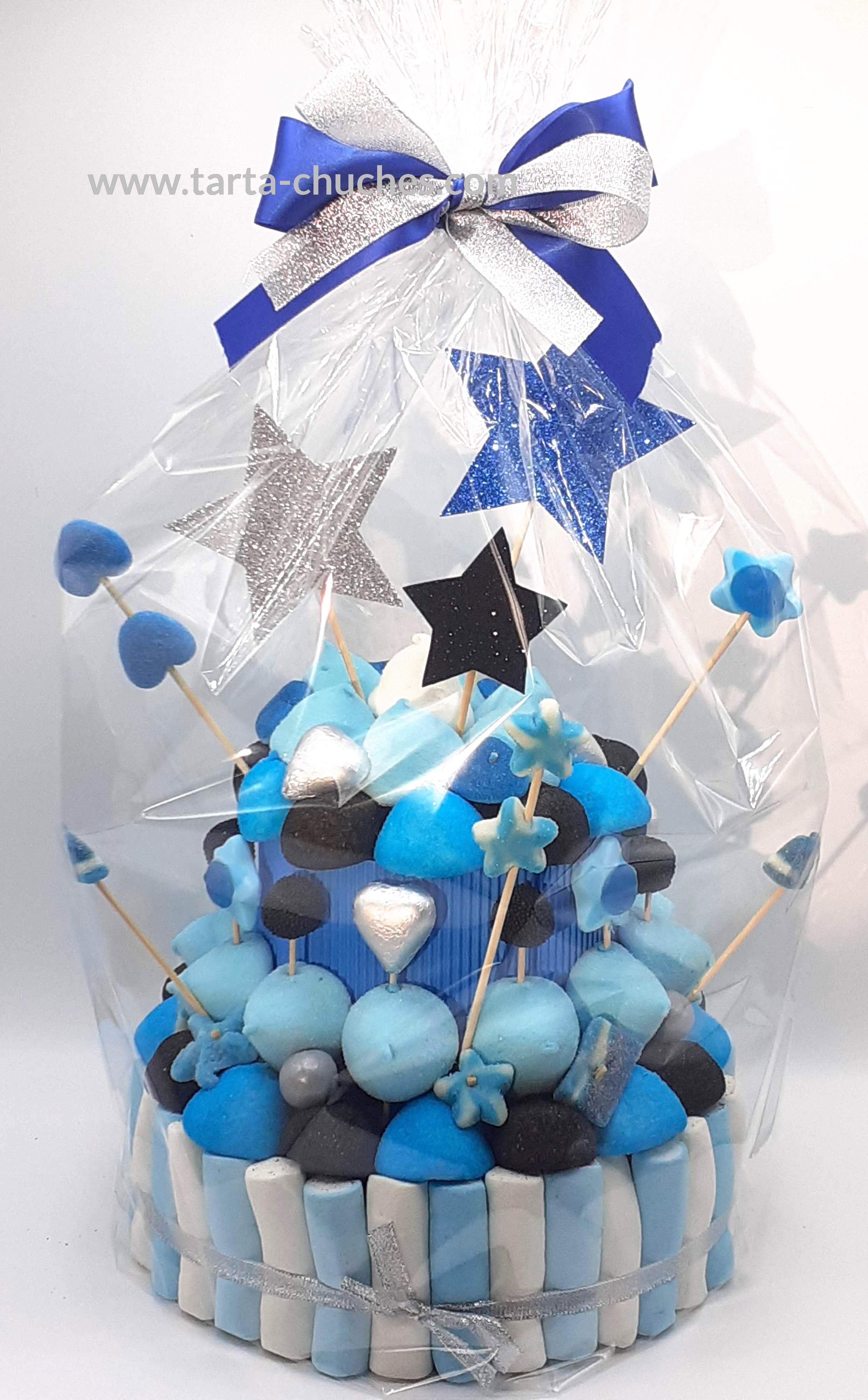 TARTA CHUCHES MEDIANA ESTRELLAS AZUL-NEGRO-PLATA (copia)