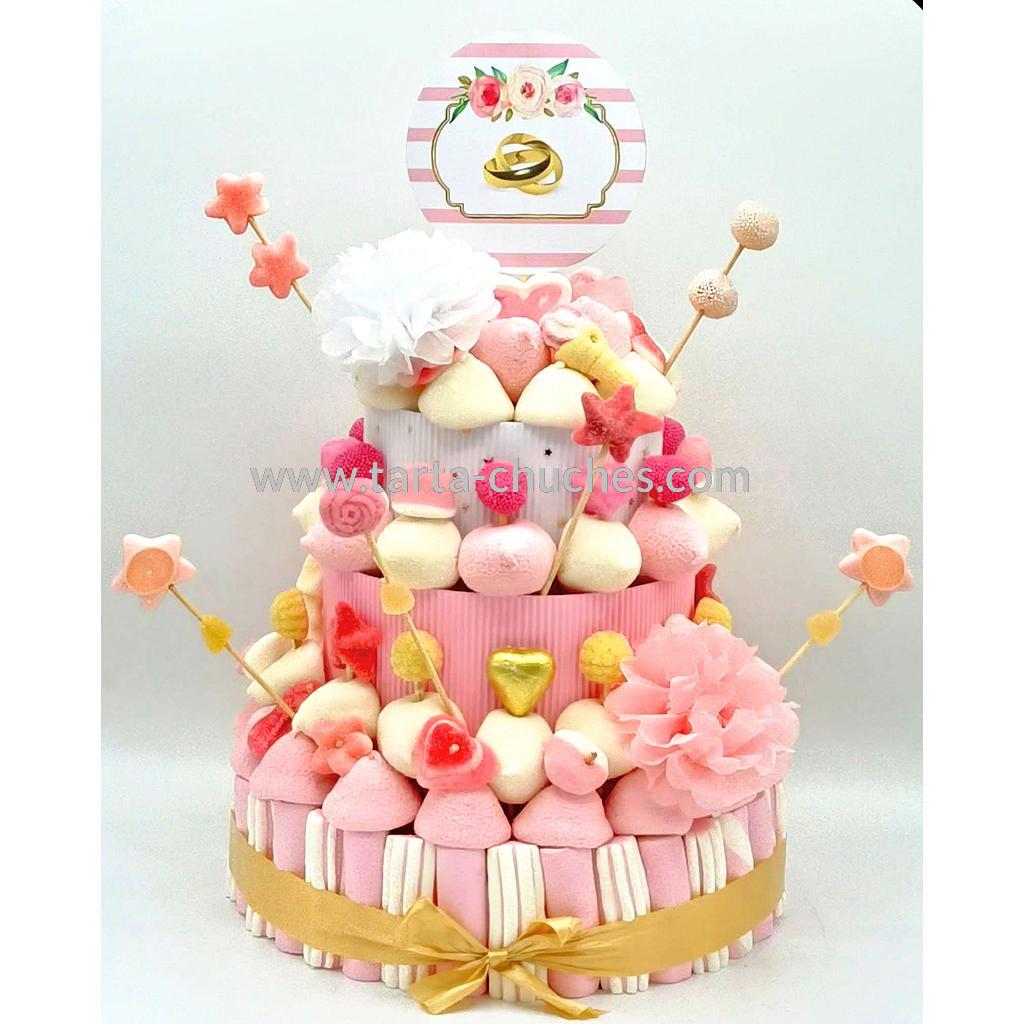 Tarta Chuches Grande Boda Rosa-Blanco-Dorado Anillos