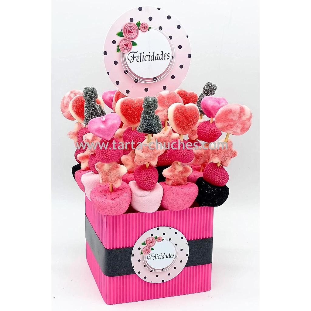 Centro 16 Mini Brochetas Chuches "Felicidades" Rosa-Negro