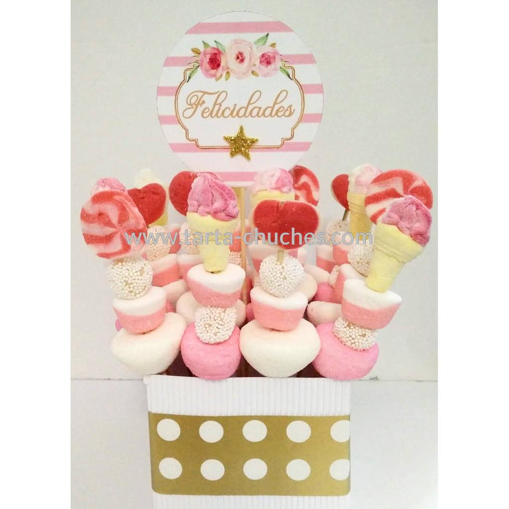 Centro 16 Mini Brochetas Chuches &quot;Felicidades&quot; Rosa-Dorado