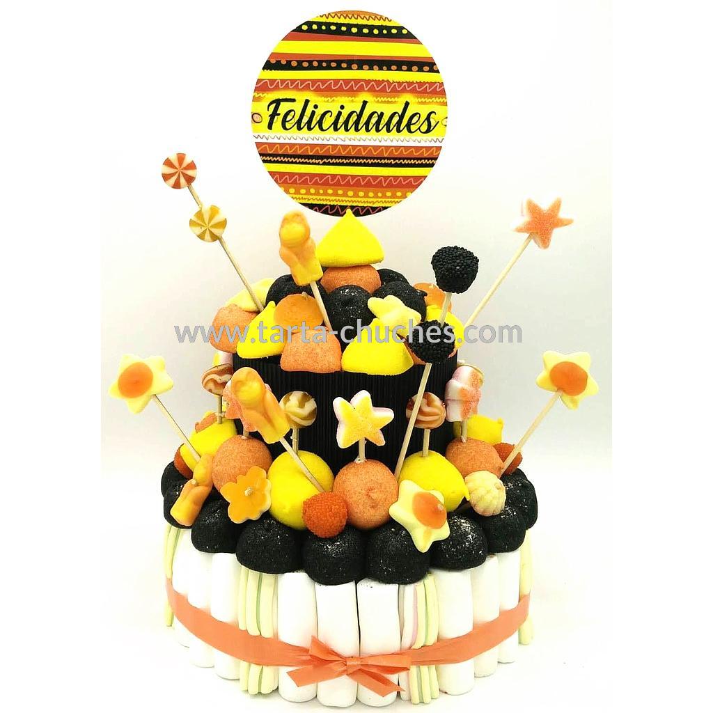 Tarta Chuches Mediana &quot;Felicidades&quot; Amarillo-Negro-Naranja