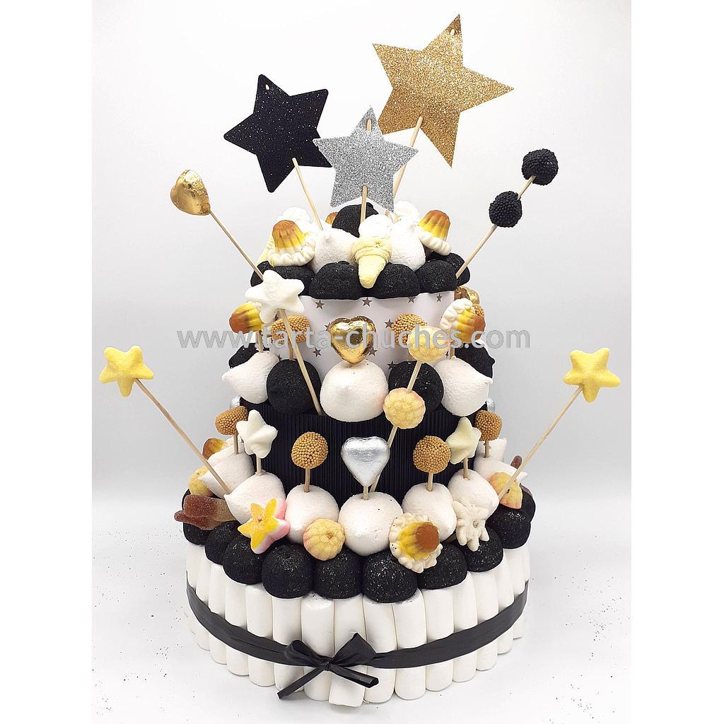 Tarta Chuches Grande Estrellas Blanco-Negro-Dorado