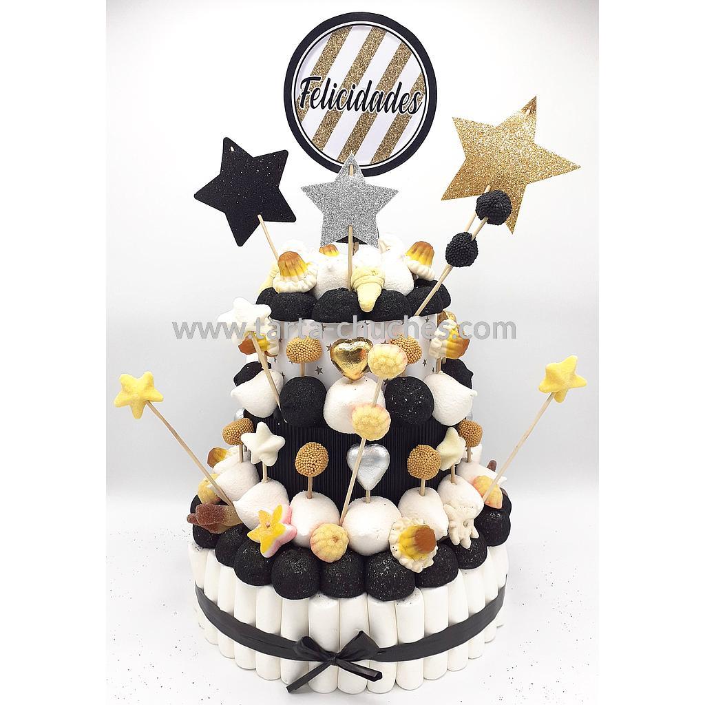 Tarta Chuches Grande Estrellas Blanco-Negro-Dorado (6 opciones)
