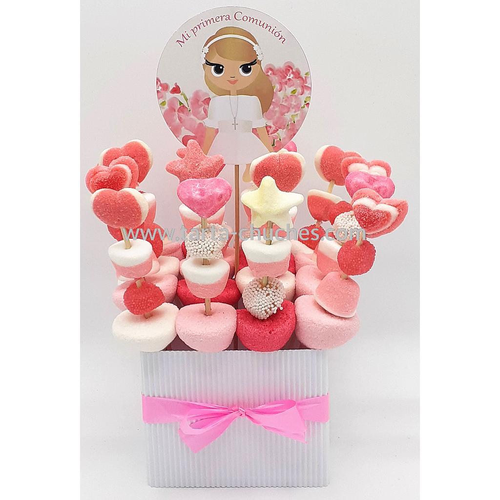 Centro 16 Mini Brochetas Chuches Comunion Niña Rubia Flores