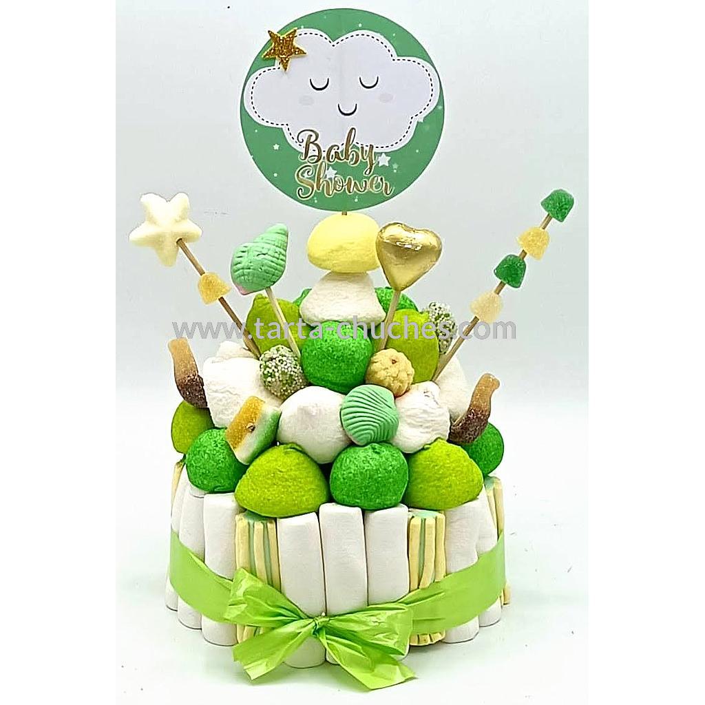 Tarta Chuches Pequeña Baby Shower Nubes Verde-Dorado