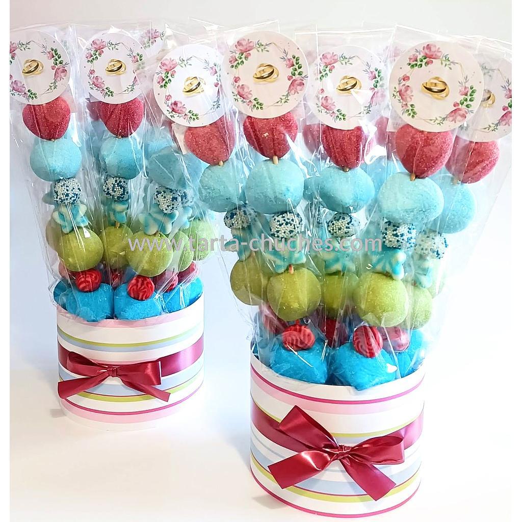 Cubo 12 Brochetas Chuches Boda Verde-Azul-Rojo