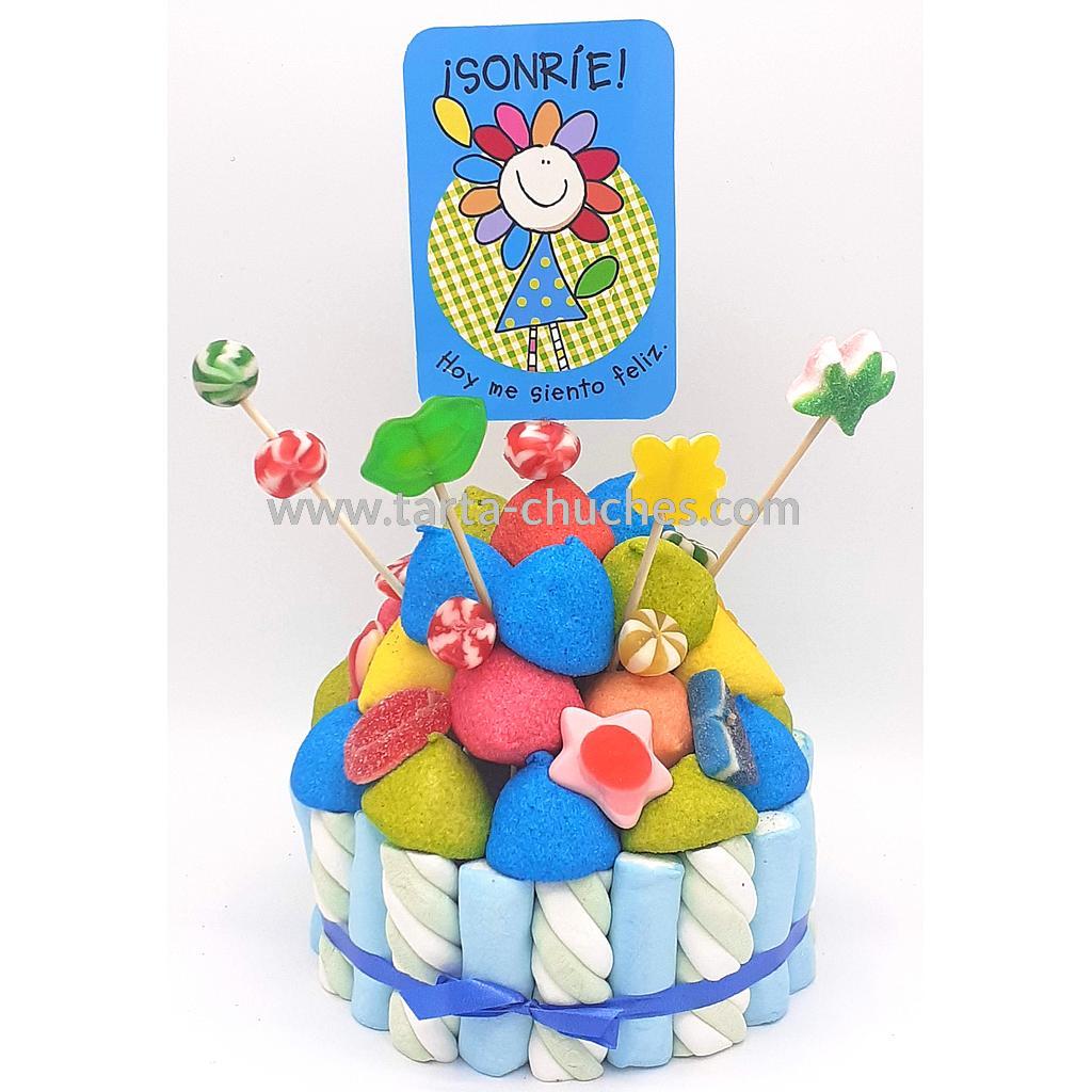 Tarta Chuches Pequeña &quot;Sonrie. Hoy me siento feliz&quot; Azul