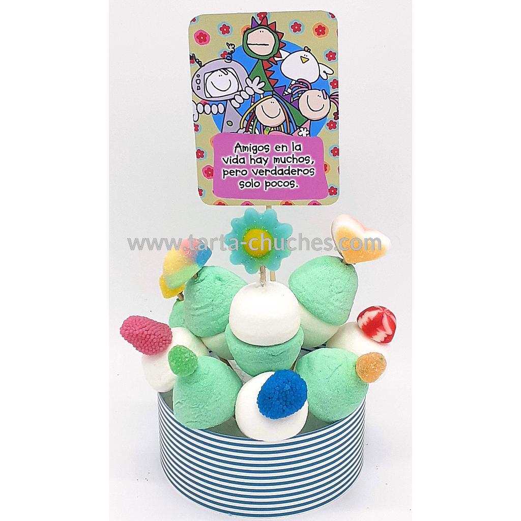Tarta Chuches Mini Alta &quot;Amigos en la vida hay muchos...&quot; Verde-Morado