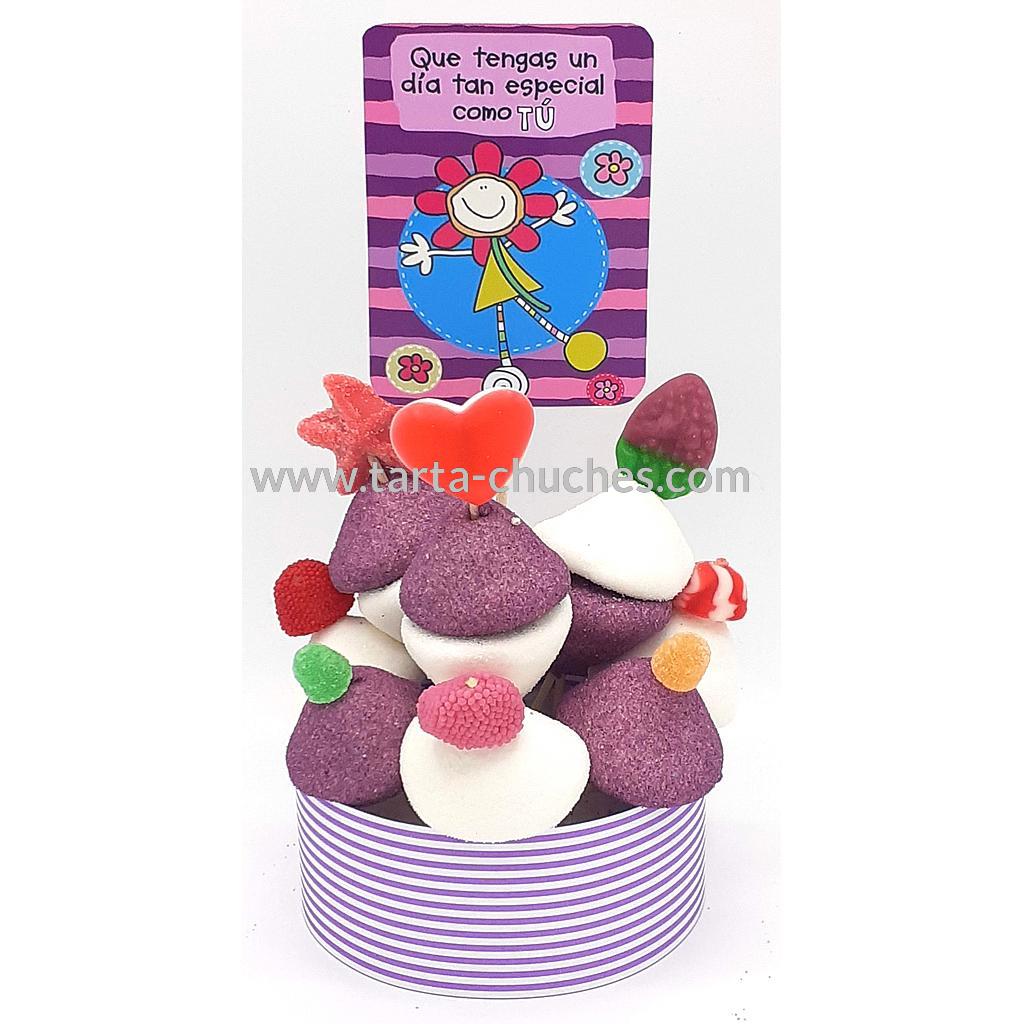 Tarta Chuches Mini Alta &quot;Que tengas un dia tan especial como tu&quot; Morado-Morado