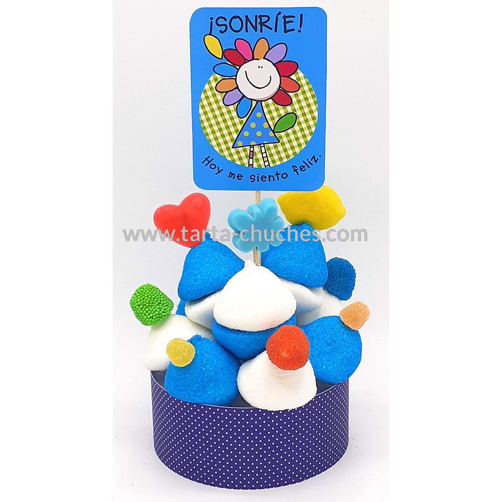 Tarta Chuches Mini Alta &quot;Sonrie. Hoy me siento feliz&quot; Azul-Azul