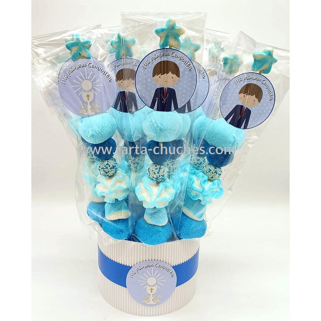 Cubo 12 Brochetas Chuches Comunion Niño Lunares