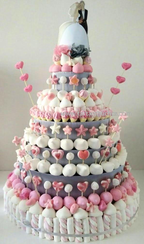 Tarta Chuches Gigante 7 pisos Boda Rosa-Blanco-Plata
