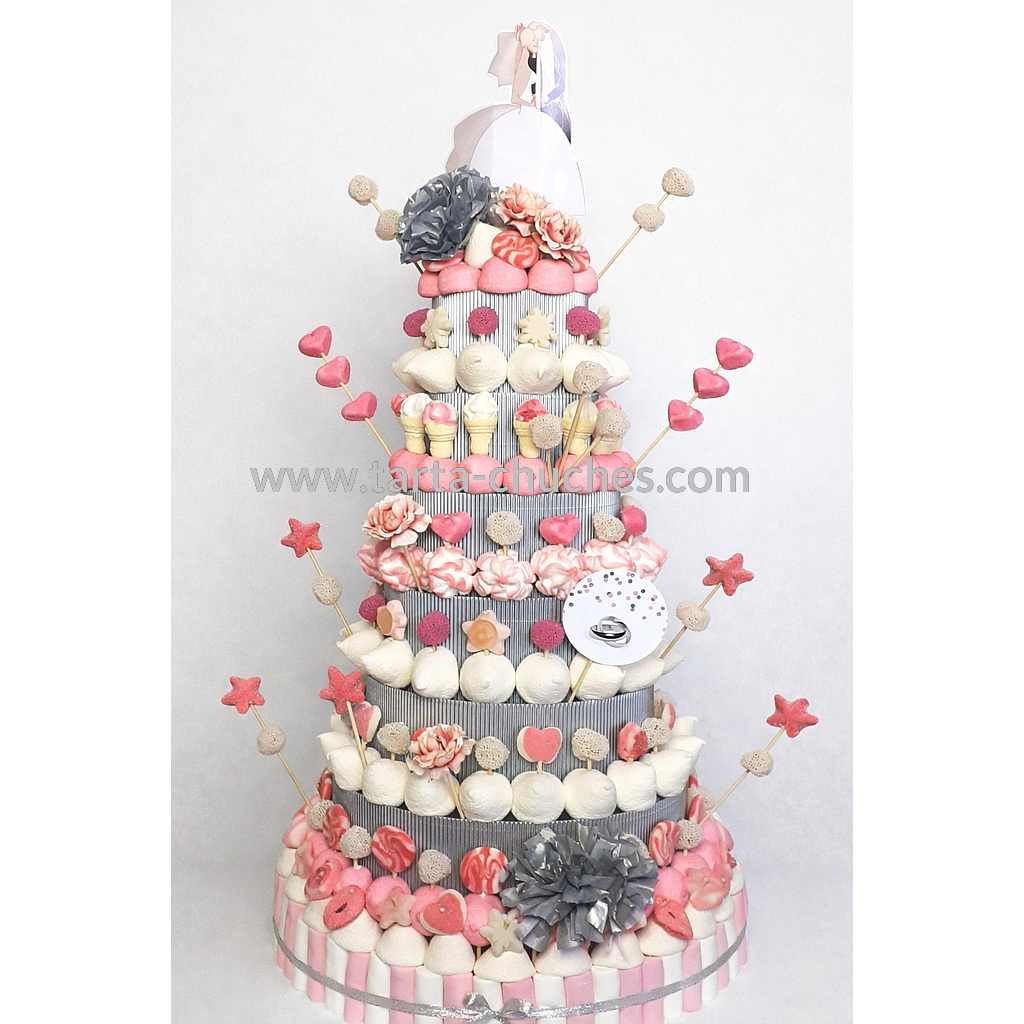 Tarta Chuches Gigante 7 pisos Boda Rosa-Blanco-Plata