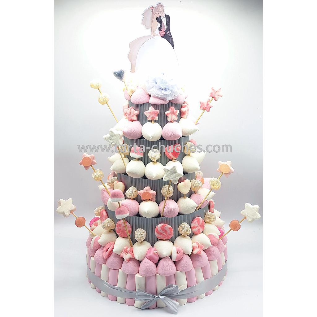 Tarta Chuches Gigante 5 pisos Boda Rosa-Blanco-Plata