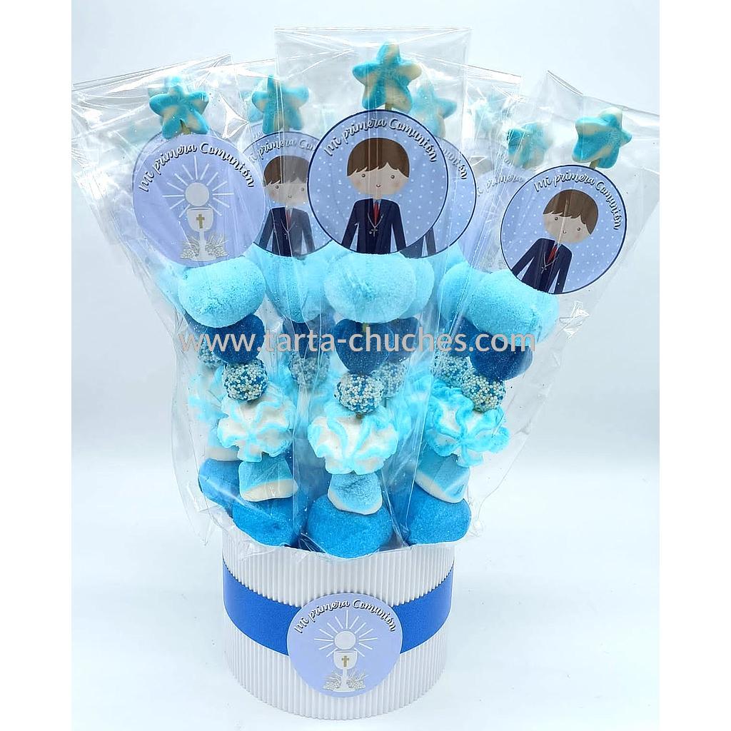 Cubo 30 Brochetas Chuches Comunion Niño Lunares