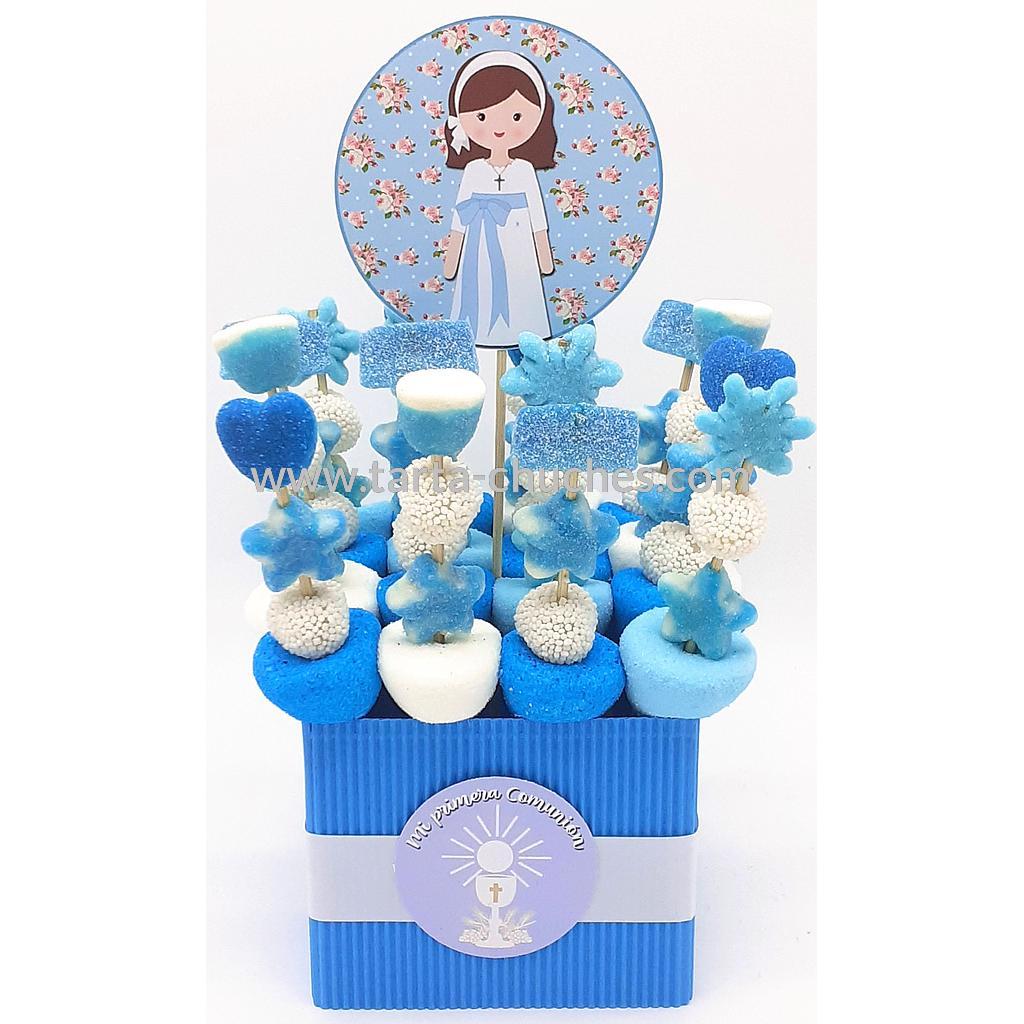 Centro 16 Mini Brochetas Chuches Comunion Niña Azul Flores