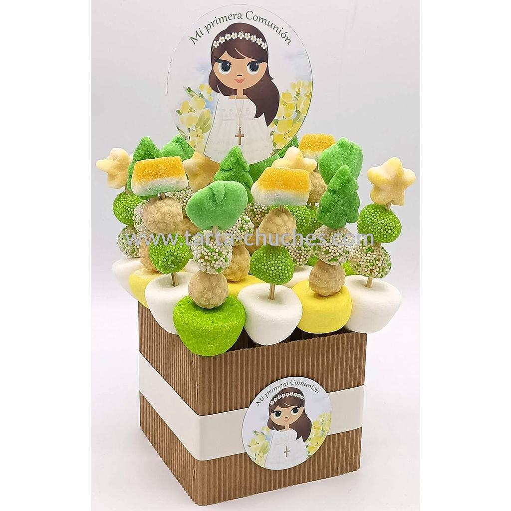 Centro 16 Mini Brochetas Chuches Comunion Niña Rustica Amarillo-Verde