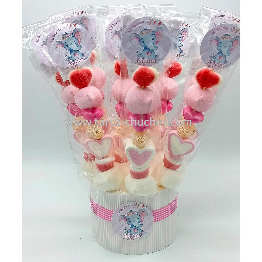 Cubo 12 Brochetas Chuches Bautizo Elefante Rosa