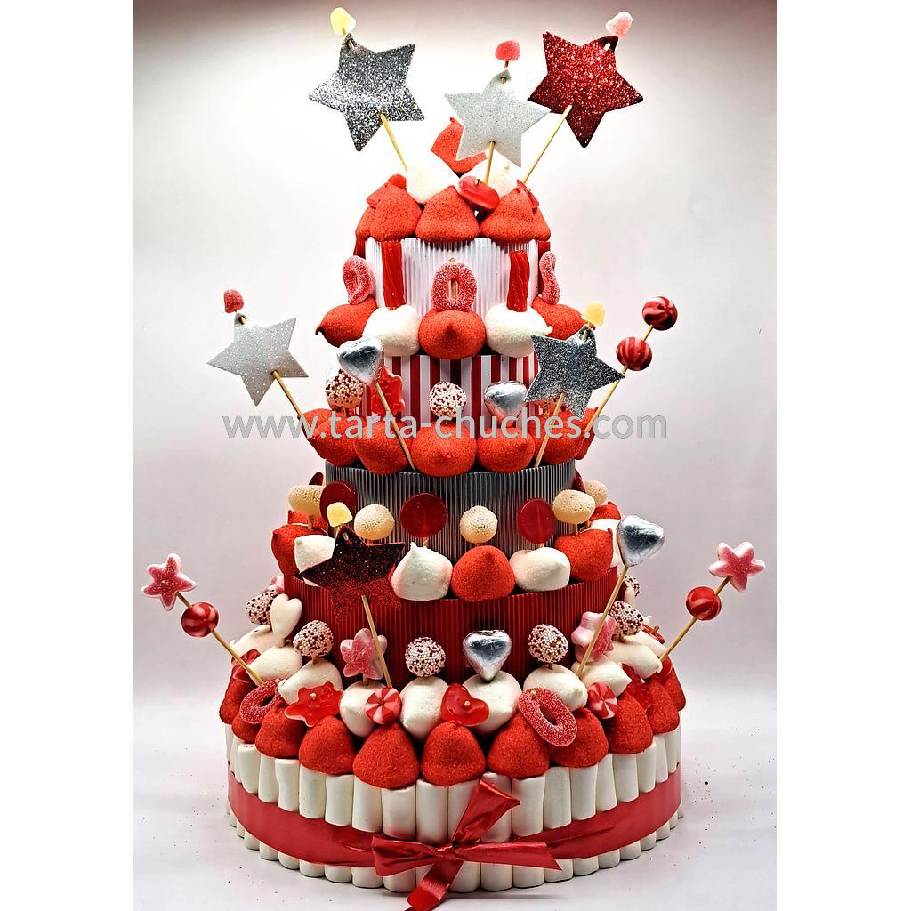 Tarta Chuches Gigante 5 pisos Estrellas Rojo-Blanco-Plata
