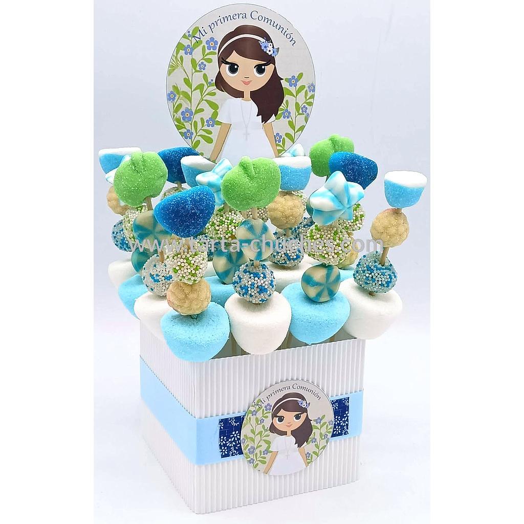 Centro 16 Mini Brochetas Chuches Comunion Niña Azul-Verde