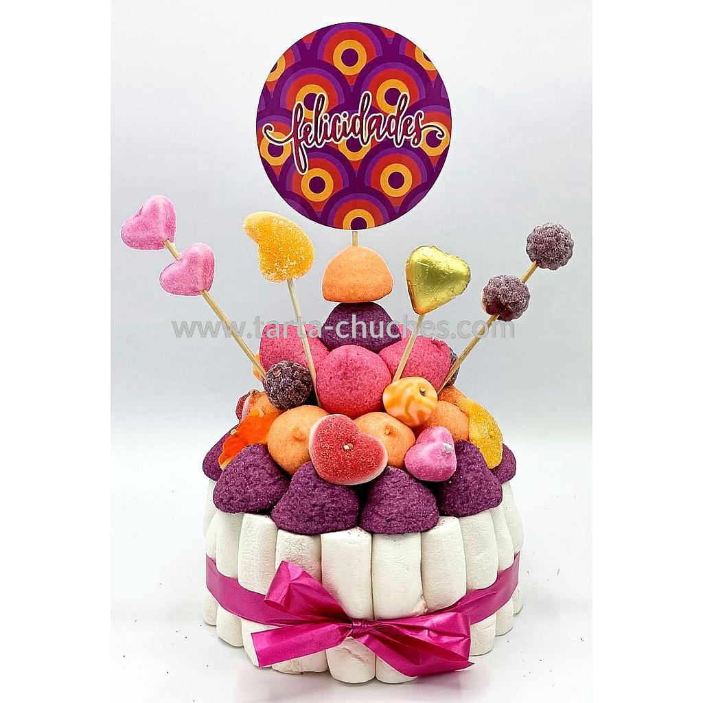 Tarta Chuches Pequeña &quot;Felicidades&quot; Morado-Naranja