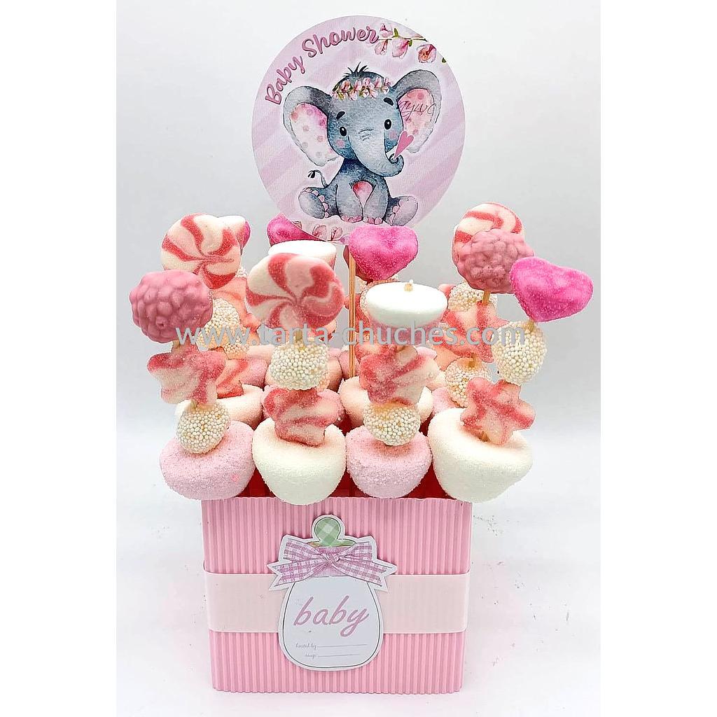 Centro 16 Mini Brochetas Chuches Baby Shower Elefantito Rosa