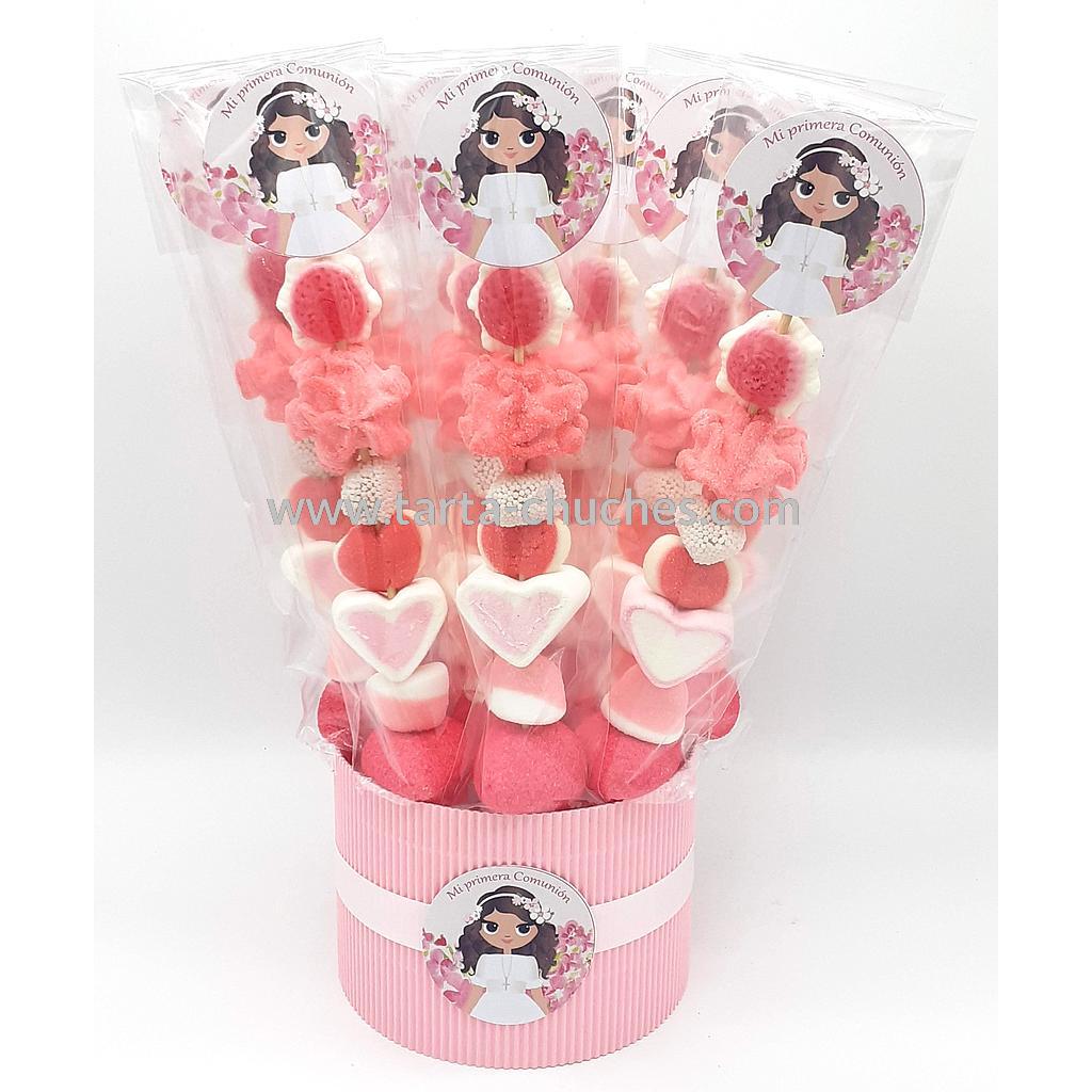 Cubo 20 Brochetas Chuches Comunion Niña Flores