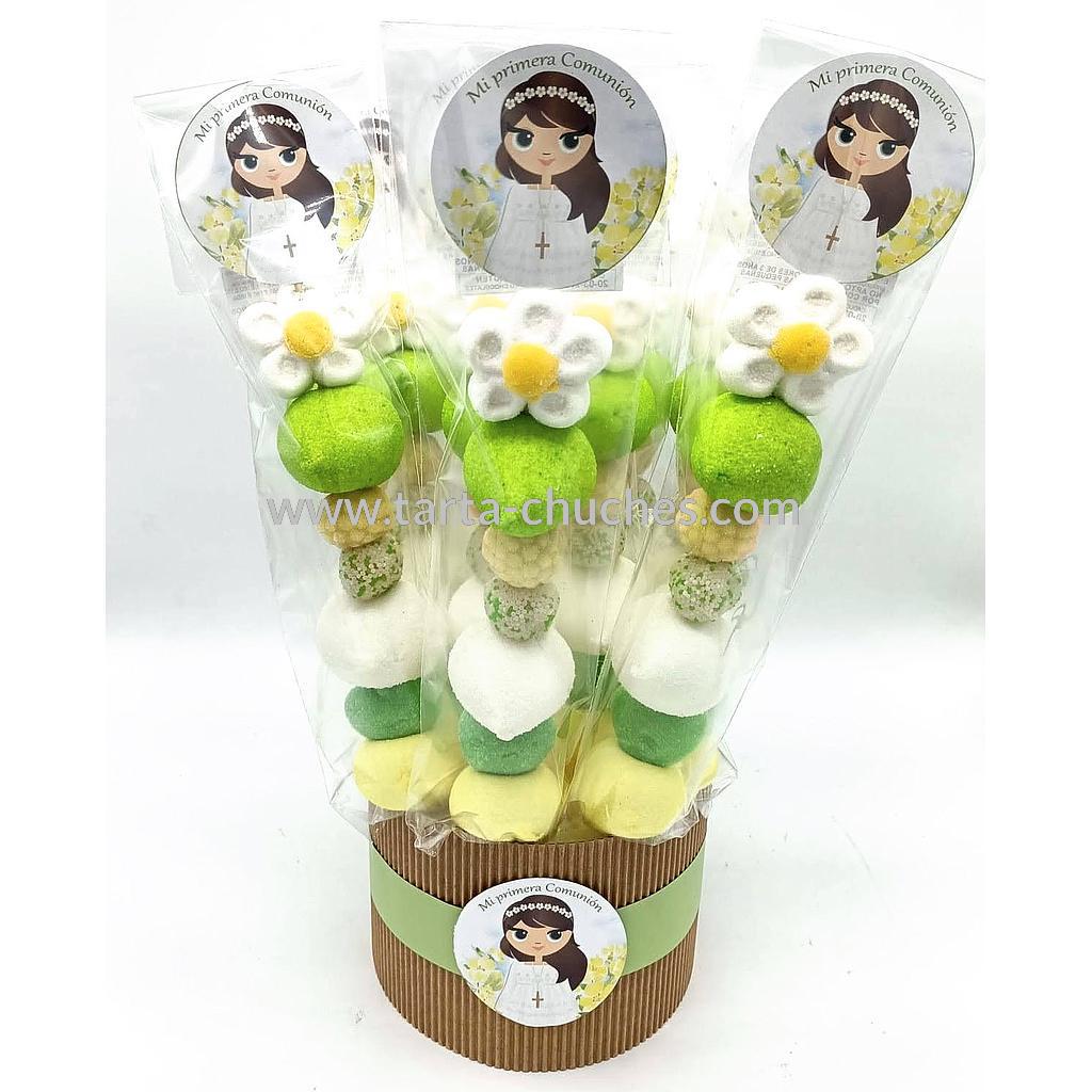 Cubo 30 Brochetas Chuches Comunion Niña Rustica Amarillo-Verde