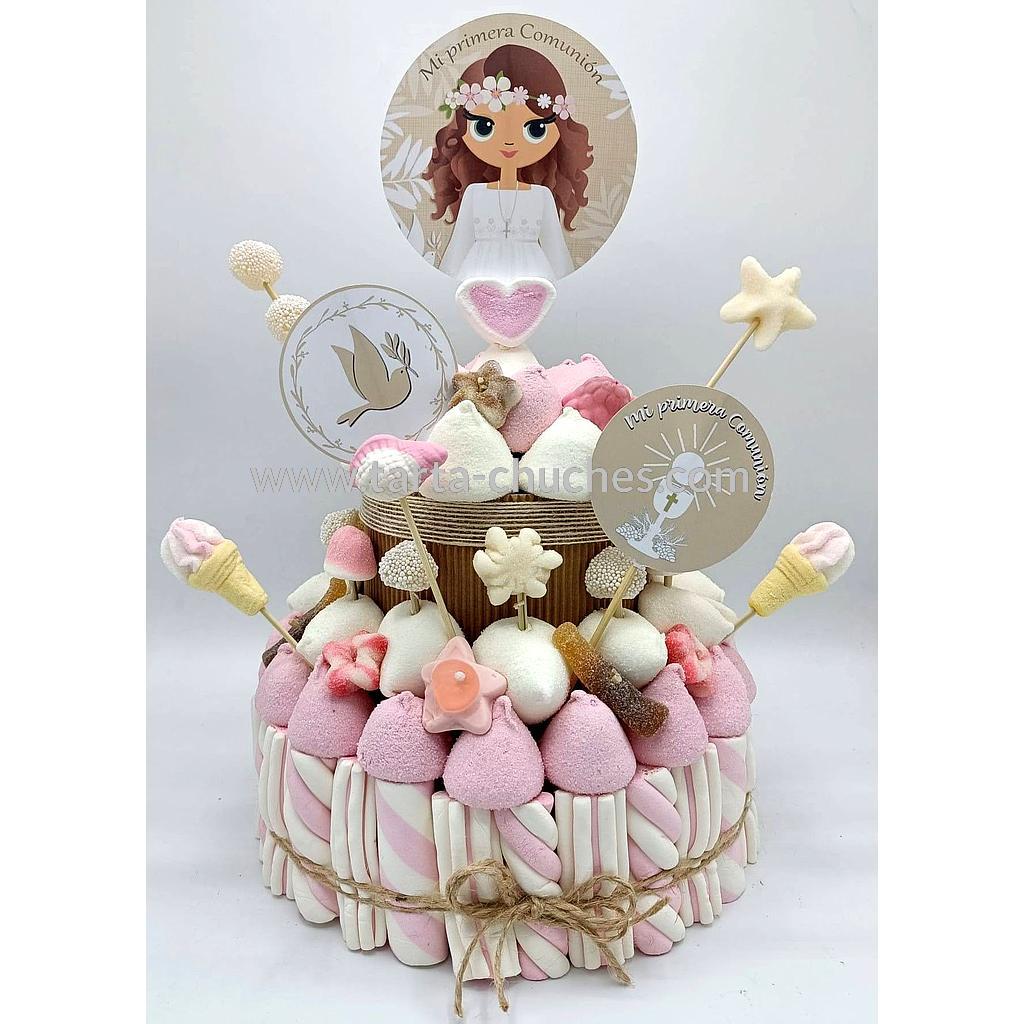 Tarta Chuches Mediana Comunion Niña Rustica Rosa-Beis