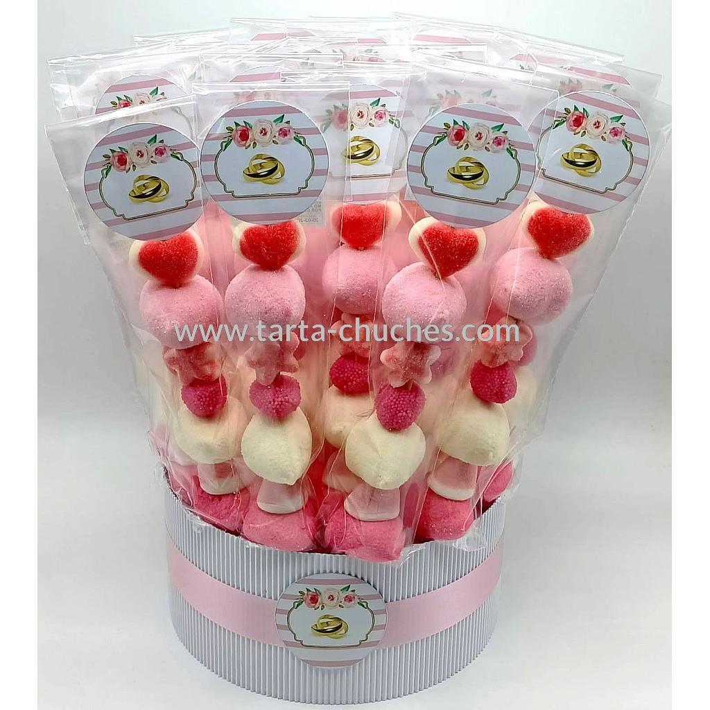 Cubo 12 Brochetas Chuches Boda Rosa-Blanco