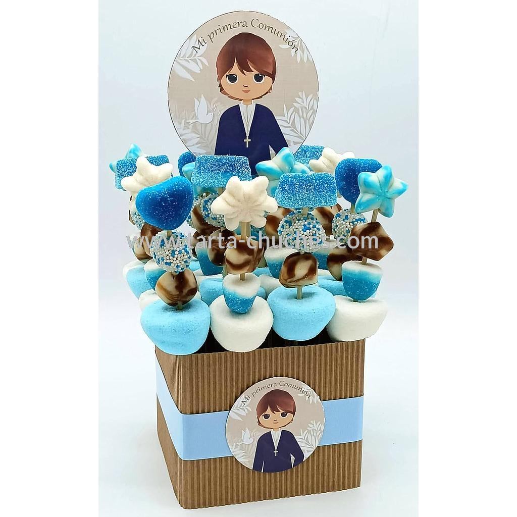 Centro 16 Mini Brochetas Chuches Comunion Niño Rustica Azul-Beis