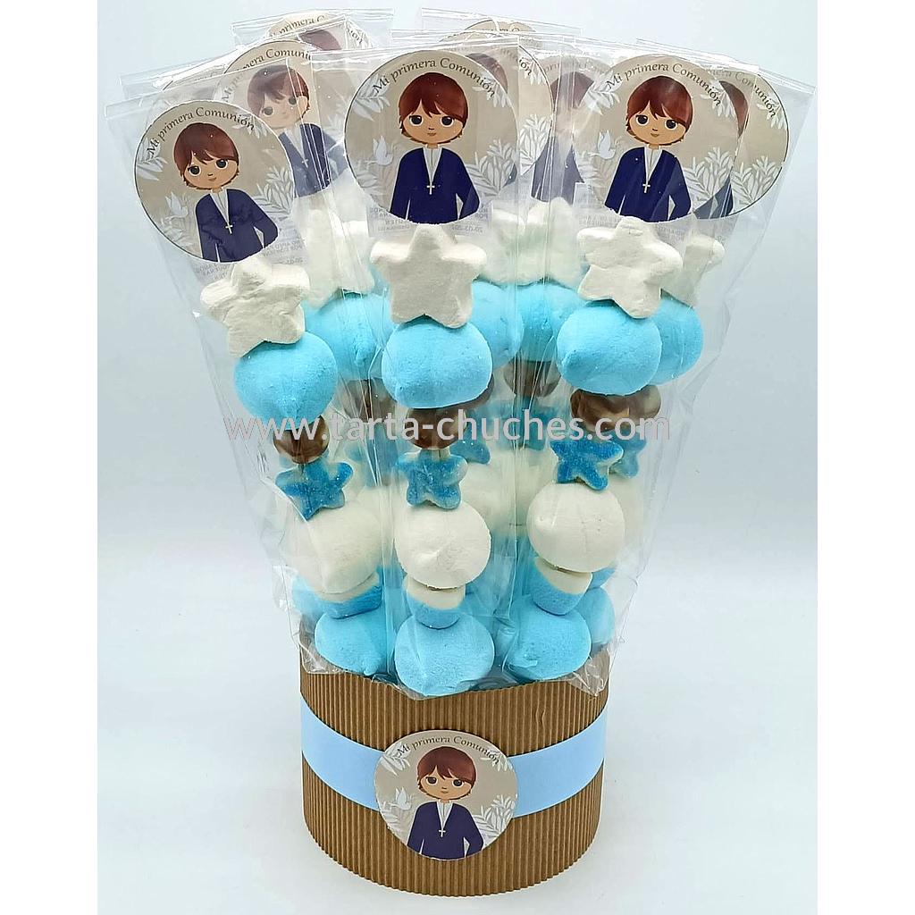 Cubo 20 Brochetas Chuches Comunion Niño Rustica Azul-Beis