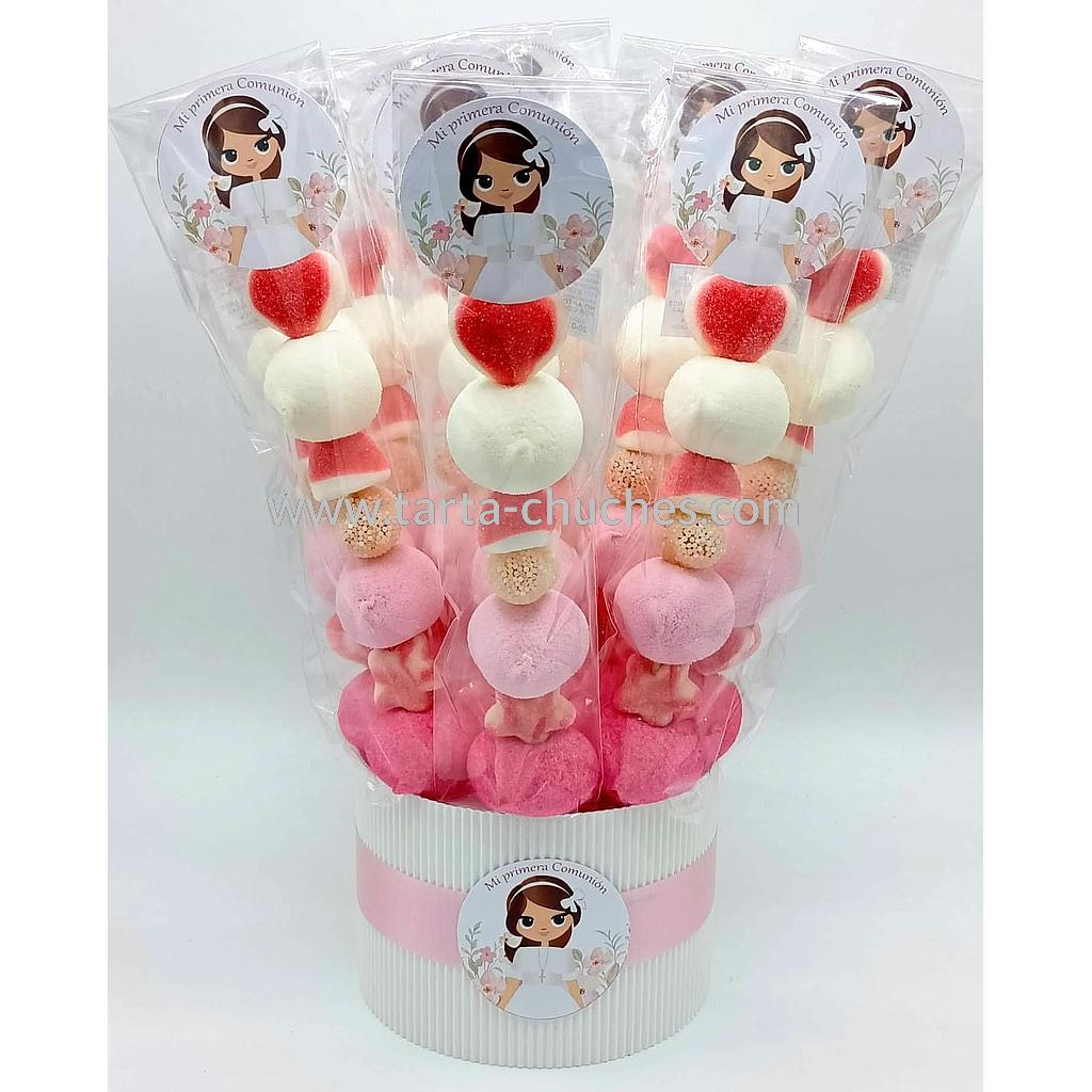 Cubo 30 Brochetas Chuches Comunion Niña Lazo Flores