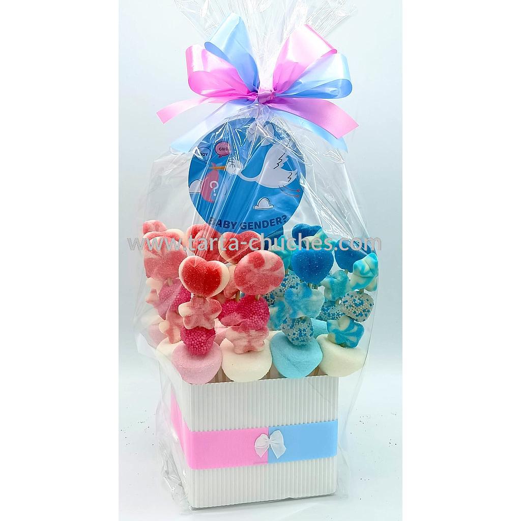 Centro 16 Mini Brochetas Chuches Gender Reveal Cigueña