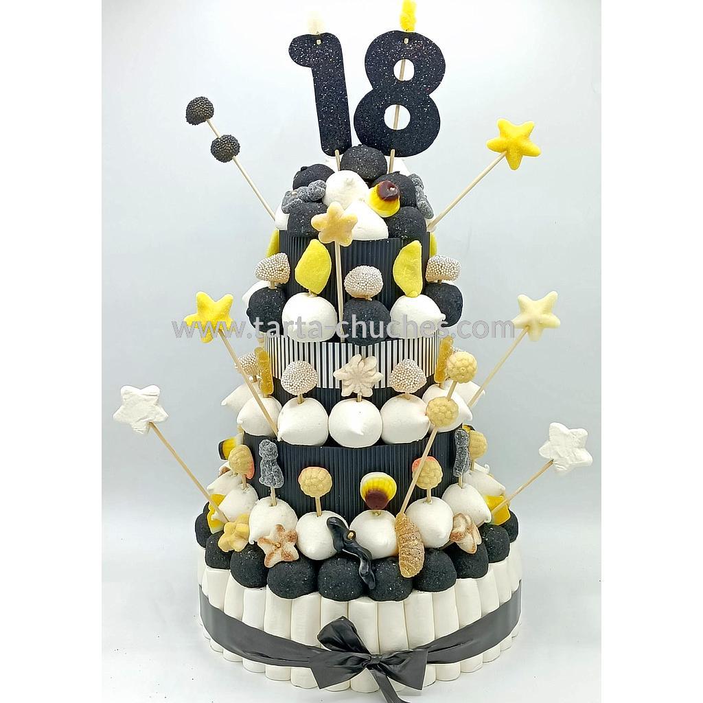 Tarta Chuches Extra Grande Mayoria de Edad 18 años Blanco-Negro-Amarillo