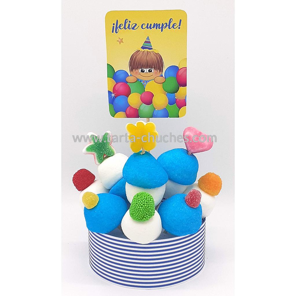 Tarta Chuches Mini Alta &quot;Feliz cumple&quot; Azul-Amarillo