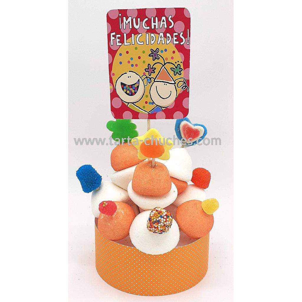 Tarta Chuches Mini Alta &quot;Muchas felicidades&quot; Naranja-Rojo