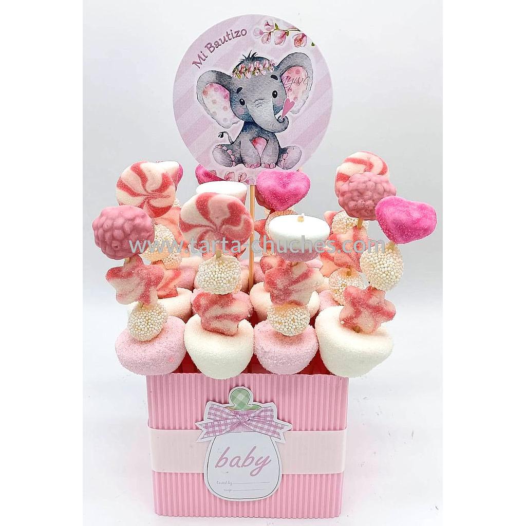 Centro 16 Mini Brochetas Chuches Bautizo Elefante Rosa